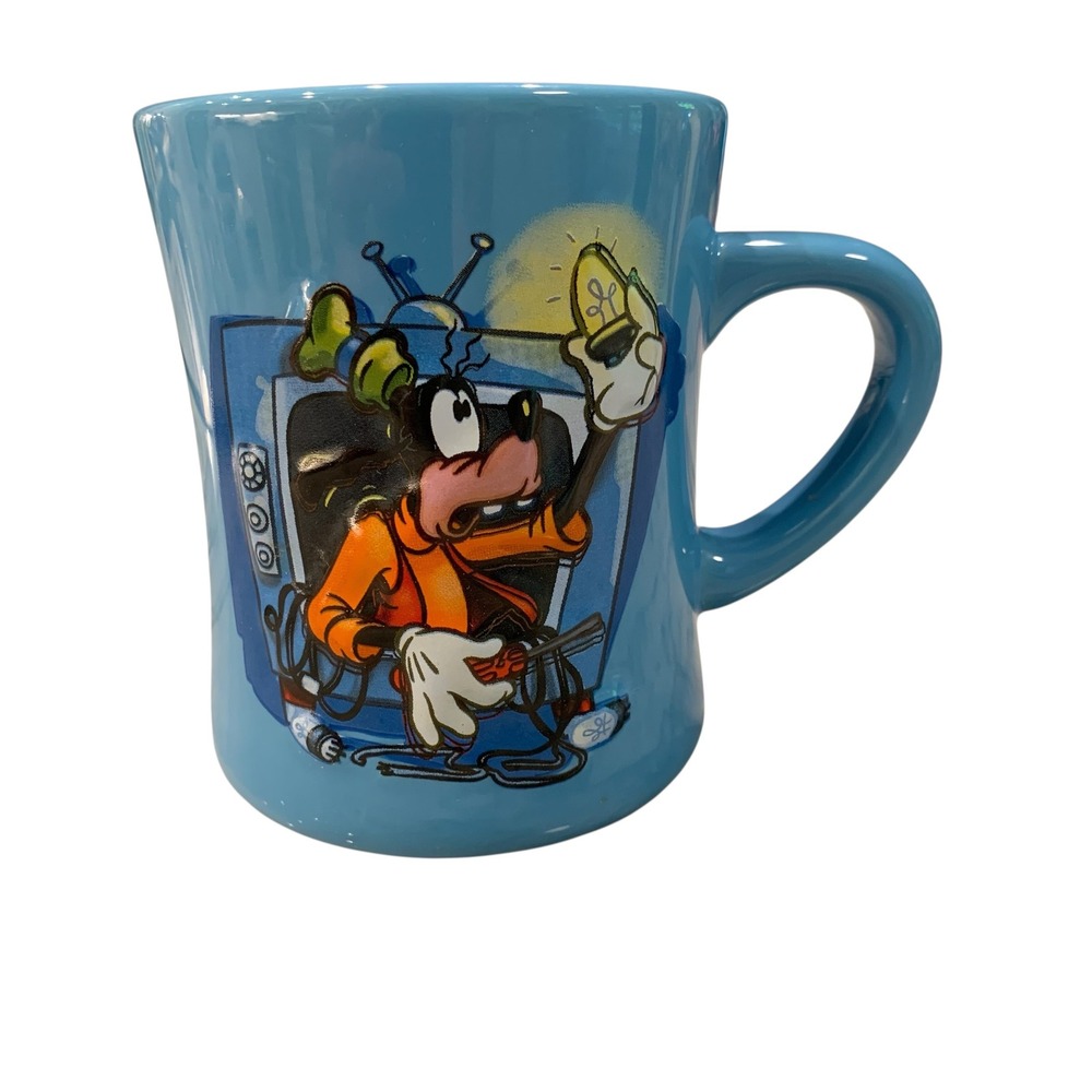 Disney Store Goofy 3D Relief Ceramic Mug TV Repair Heavy Blue Coffee Cup
